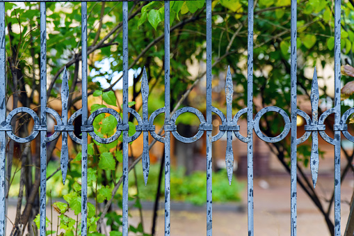 Fence made of metal rods with round and sharp elements