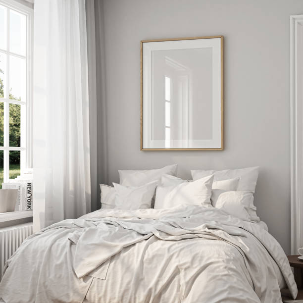 istock Frame mockup, single vertical ISO A paper size, reflective glass, mockup poster on the wall of bedroom. Interior mockup. Apartment background. Modern interior design. 3D render 1750619186