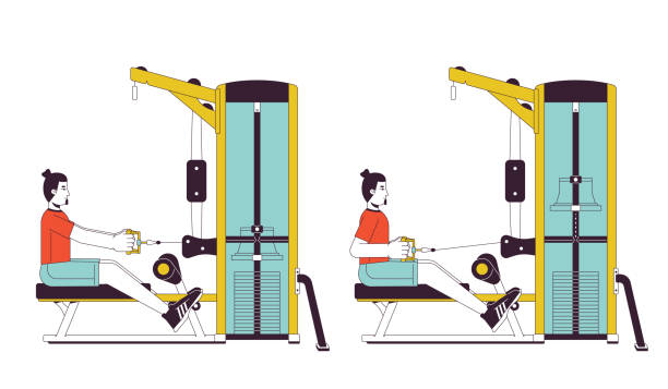 앉아있는 행 기계 플랫 라인 벡터 스팟 그림으로 근육 건물 - latissimus dorsi illustrations stock illustrations