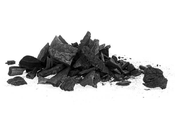 흰색 배경에 분리된 검은 숯 조각 더미. 목재 석탄. 자일란저락스. - combusted 뉴스 사진 이미지