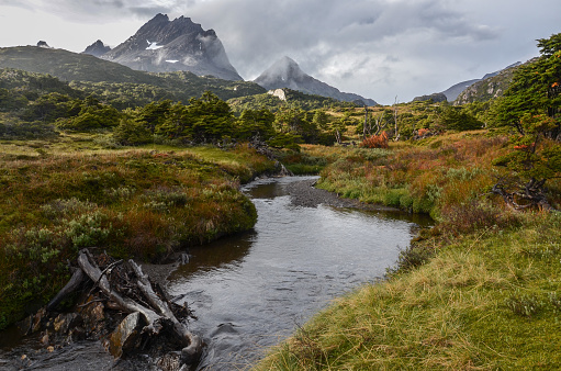 La montaña y el río después de la lluvia en Dientes de Navarino, Chile, Patagonia photo