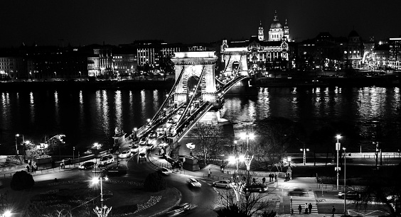 Black and white photo of a famous bridge of Budapest, Hungary, the Chain bridge.