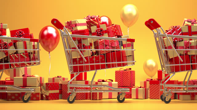 Shopping cart full of gift boxes with ribbons and bows on a red backgreound. New year and Christmas shopping concept. seamless 3d video animation