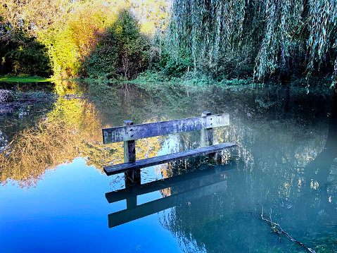 Bench underwater in a flooded park in Norfolk
