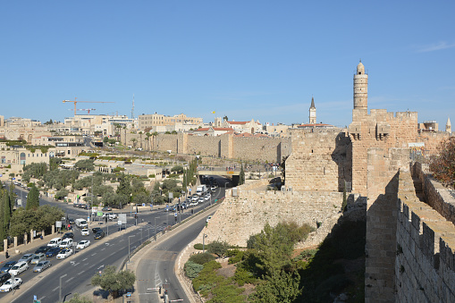 Jerusalem, Israel - June 16, 2018: View of Jerusalem and Kidron Valley from the famous biblical area, Mount of Olives.