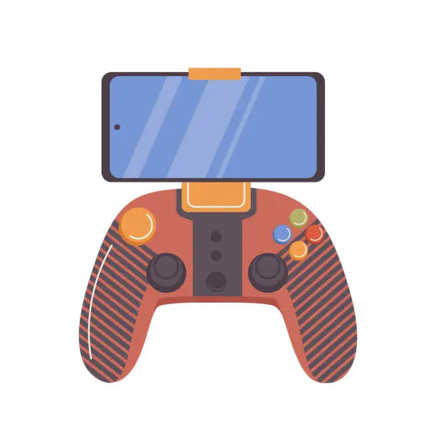 Vector illustration of Video game gadgets with mobile phone connection portable handheld gamepad consol isolated on white