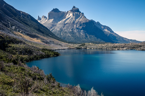 View on the Los Cuernos over the lake in the Torres del Paine national park in Chile, Patagonia, South America
