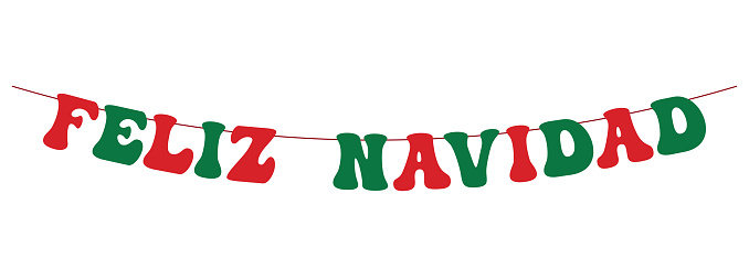 Feliz Navidad banner, green and red big letters hanging on a string, panoramic decorative vector element