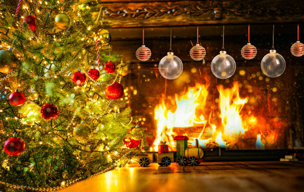 istock Christmas Tree and Ornaments with Fireplace 1750674543