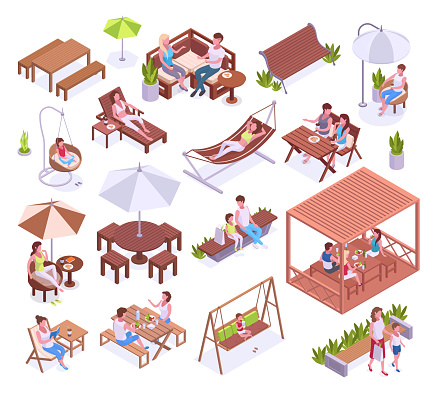 Isometric people chilling in backyard. Summerhouse garden furniture and chilling characters, people spending time on terrace 3d vector illustration set. Home terrace furniture