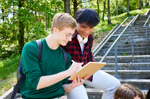 Smiling teen boy explaining homework over book to friend while sitting on railing against trees in campus