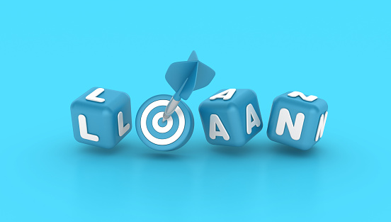 Loan Buzzwords Cubes with Target - Color Background - 3D Rendering