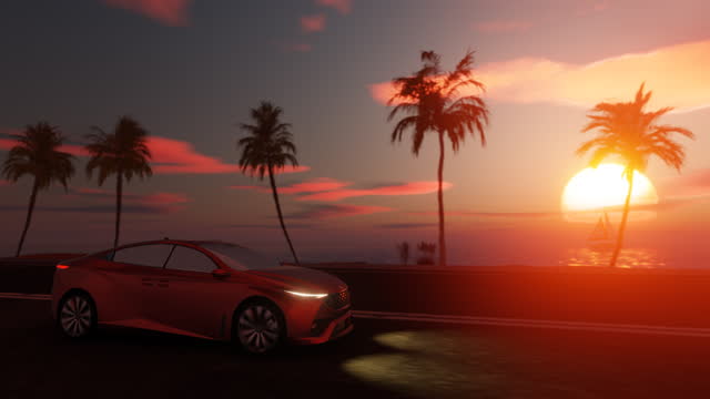 3D animation loop car driving on road near the sea, ocean at sunset