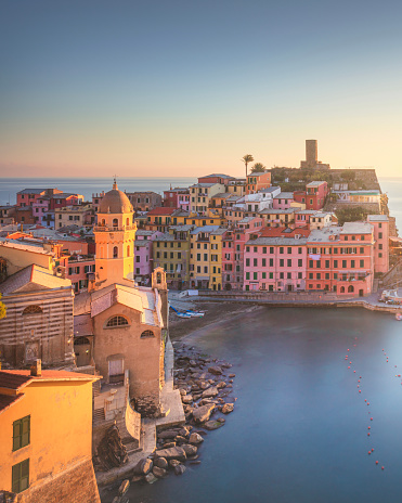 Vernazza village, view at sunset, Seascape in Cinque Terre National Park, Liguria region, Italy, Europe.
