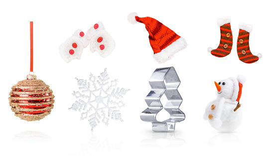 Metal Christmas Tree, Snowflake, Gloves, Santa Hat, Hanging Ornament, Christmas Stocking, and a Snowman