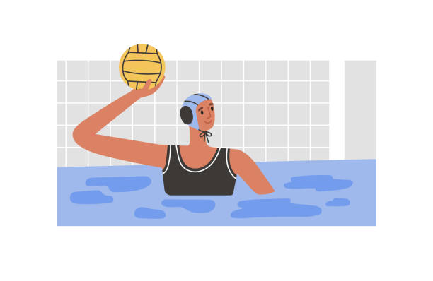 Vector illustration of water polo player in action Goalkeeper with a ball. Game, competition in swimming pool. Water polo, swimming and water sports concept. Vector illustration. water polo cap stock illustrations