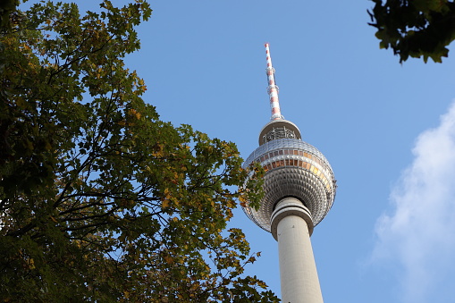 Berlin, Germany - 15 October 2023: \nBottom view of Berlin TV tower