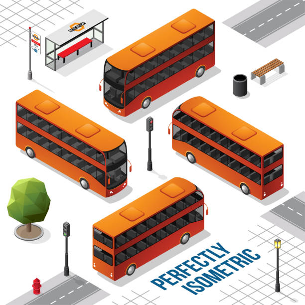 illustrations, cliparts, dessins animés et icônes de bus isométrique à impériale orange et noir de l’avant, de l’arrière, de la droite et de la gauche - isometric car vector land vehicle
