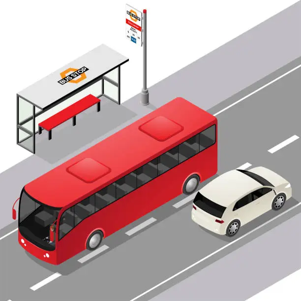 Vector illustration of Isometric Bus Stop and Road Facing Right