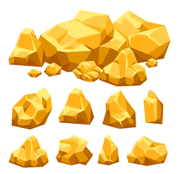 Vector illustration of Gold golden stone mine rock pile goldmine material heap concept. Vector flat graphic design illustration