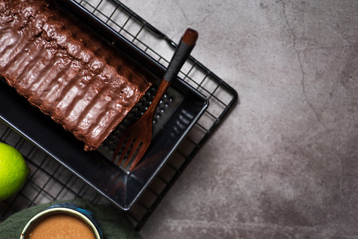 Delicious soft chocolate cake covered with melted dark chocolate on a light gray background