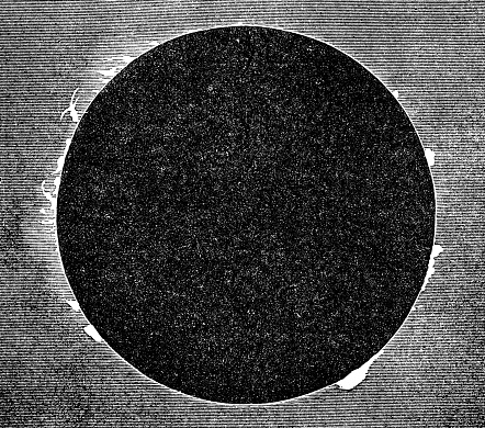 The total solar eclipse of August 7th, 1869. Vintage etching circa 19th century.