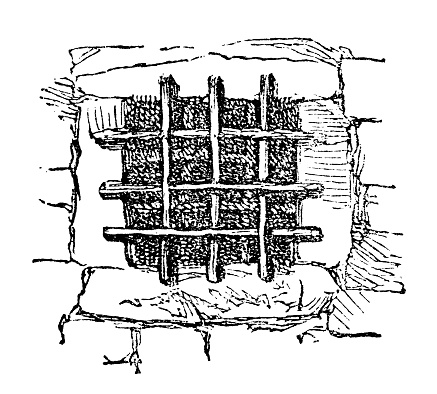 Window with prison bars. Vintage etching circa 19th century.