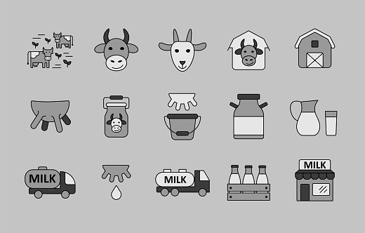 Milk vector grayscale icons set. Dairy products sign. Graph symbol for cooking web site and apps design, logo, app, UI