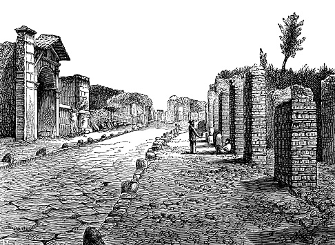 The Street of the Tombs in Pompeii, Italy. Vintage etching circa 19th century.