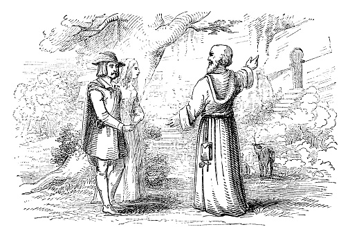 Hermit telling the story to the two lovers in The Hermit of Warkworth, poem by Thomas Percy. Vintage etching circa 19th century.