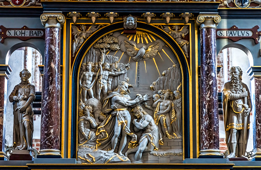 Closeup St John Baptizing Jesus 1611 Baptism Font St John's Church Cultural Center Gdansk Poland. Church originally from 1300s.