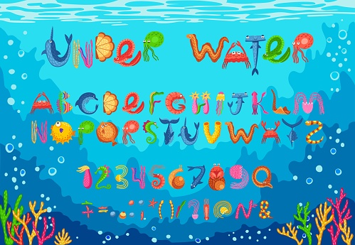 Sea animal font, ocean underwater type, aquatic typeface, marine alphabet letters and numbers. Vector typography abc set made of cartoon fish and seafood animal characters, seaweed, coral and seashell