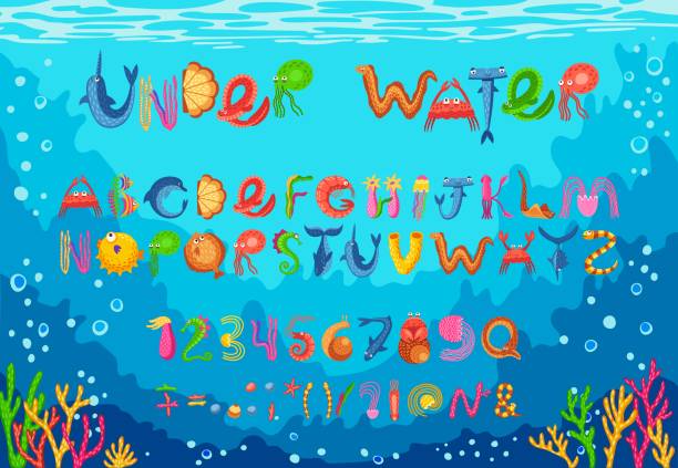 24277dk COMICs BUBBLE FONT or type, ballon typeface, fat alphabet 1 ÐÑзнеÑова Sea animal font, ocean underwater type, aquatic typeface, marine alphabet letters and numbers. Vector typography abc set made of cartoon fish and seafood animal characters, seaweed, coral and seashell color by number jelly fish stock illustrations