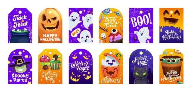 Vector illustration of Halloween holiday gift tags, pumpkins, monsters