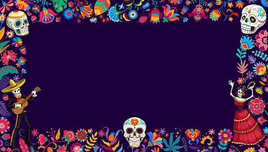 Dia de Los Muertos or Day of Dead holiday frame with Mexican sugar skulls, vector background. Catrina calavera and mariachi musicians with tropical flowers, skeleton in sombrero with guitar in frame