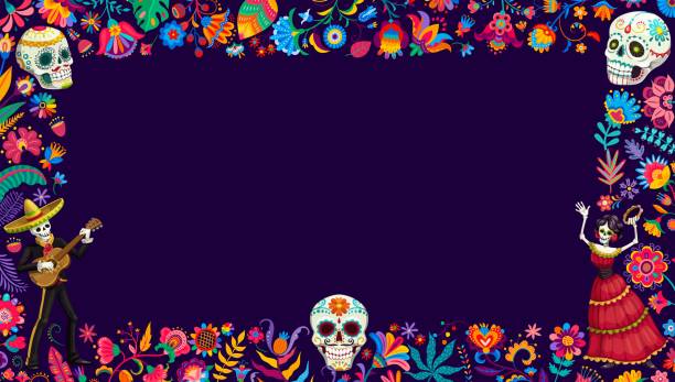 Dia de Los Muertos or Day of Dead holiday frame Dia de Los Muertos or Day of Dead holiday frame with Mexican sugar skulls, vector background. Catrina calavera and mariachi musicians with tropical flowers, skeleton in sombrero with guitar in frame mexican day of the dead stock illustrations