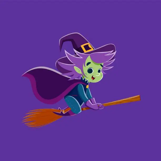 Vector illustration of Halloween witch character soars astride broomstick