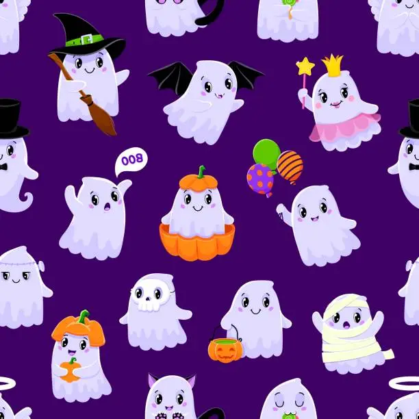Vector illustration of Cartoon Halloween kawaii ghost characters pattern