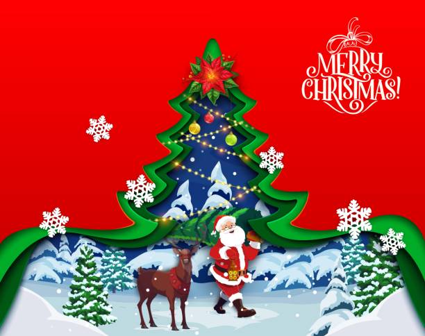 istock Cartoon paper cut holiday tree and Santa with deer 1750811463
