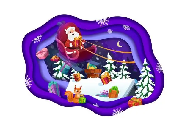 Vector illustration of Cartoon paper cut banner, flying Santa on sleigh