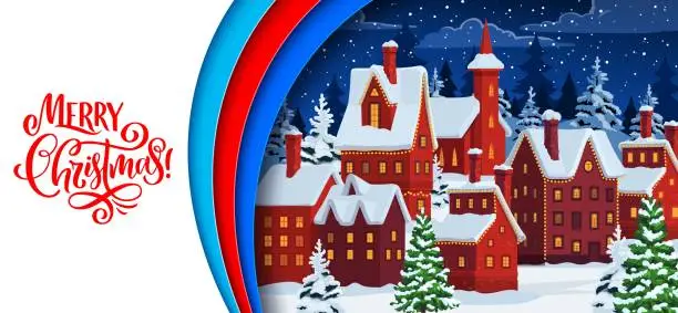 Vector illustration of Christmas paper cut banner, winter holiday town