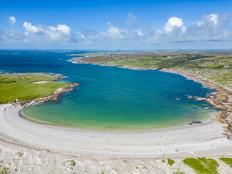 Aerial view of beach  in Dogs bay, Roundstone, Conemara, Galway, Ireland