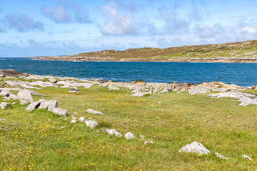 Beach with grass, rocks and sand, Dogs bay, Roundstone, Conemara, Galway, Ireland