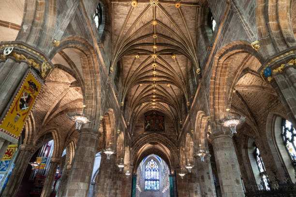 istock looking up at ceiling and windows at St. Giles Cathedral, Edinburgh, Scotland 1750819644