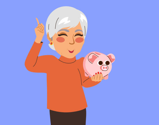 Middle-Aged Woman Holding Piggy Ban vector art illustration