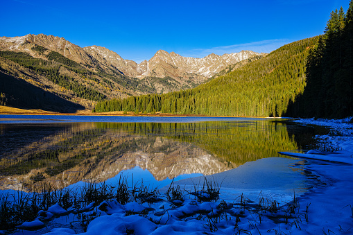 Piney Lake at Sunset - Gore Range Mountains with Peak C and Mt. Powell captured with late afternoon warm sunlight during late autumn. Vail, Colorado USA.