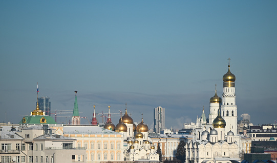 View of the Bell Tower of Ivan the Great and the cathedrals of the Moscow Kremlin.