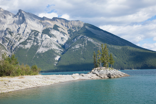 Beautiful view of Minnewanka Lake in Banff National Park in Canada