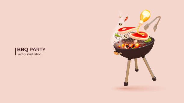 Realistyczny projekt 3D gotowania grilla z płomieniami, stekami i warzywami. – artystyczna grafika wektorowa
