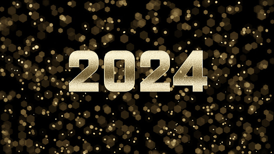 Text 2024 New Year  - 3d rendered image.
New Year event message concept. Glitter effect. Confetti background